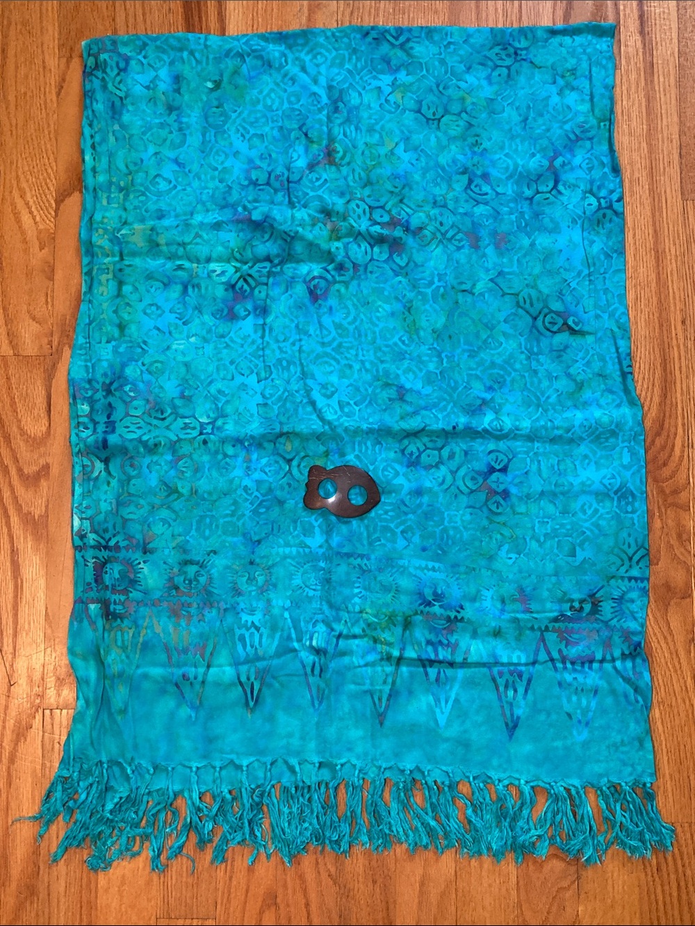 Teal Rayon Batik Pareo Sarong Surf  Swim Coverup -Turquoise Floral Print  OS